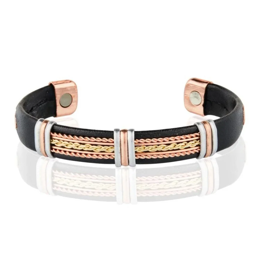 Solid Copper Leatherette Magnetic Bracelet Arthritis Pain Therapy Cuff Bangle